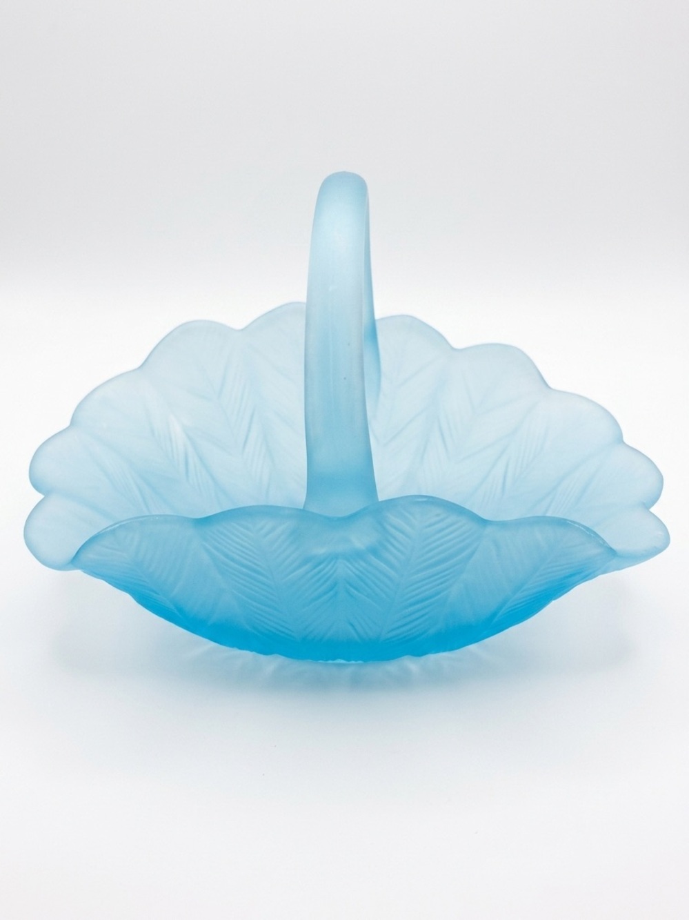 Vintage Blue Satin Glass Basket with Embossed Pattern Decorative Bowl Basket